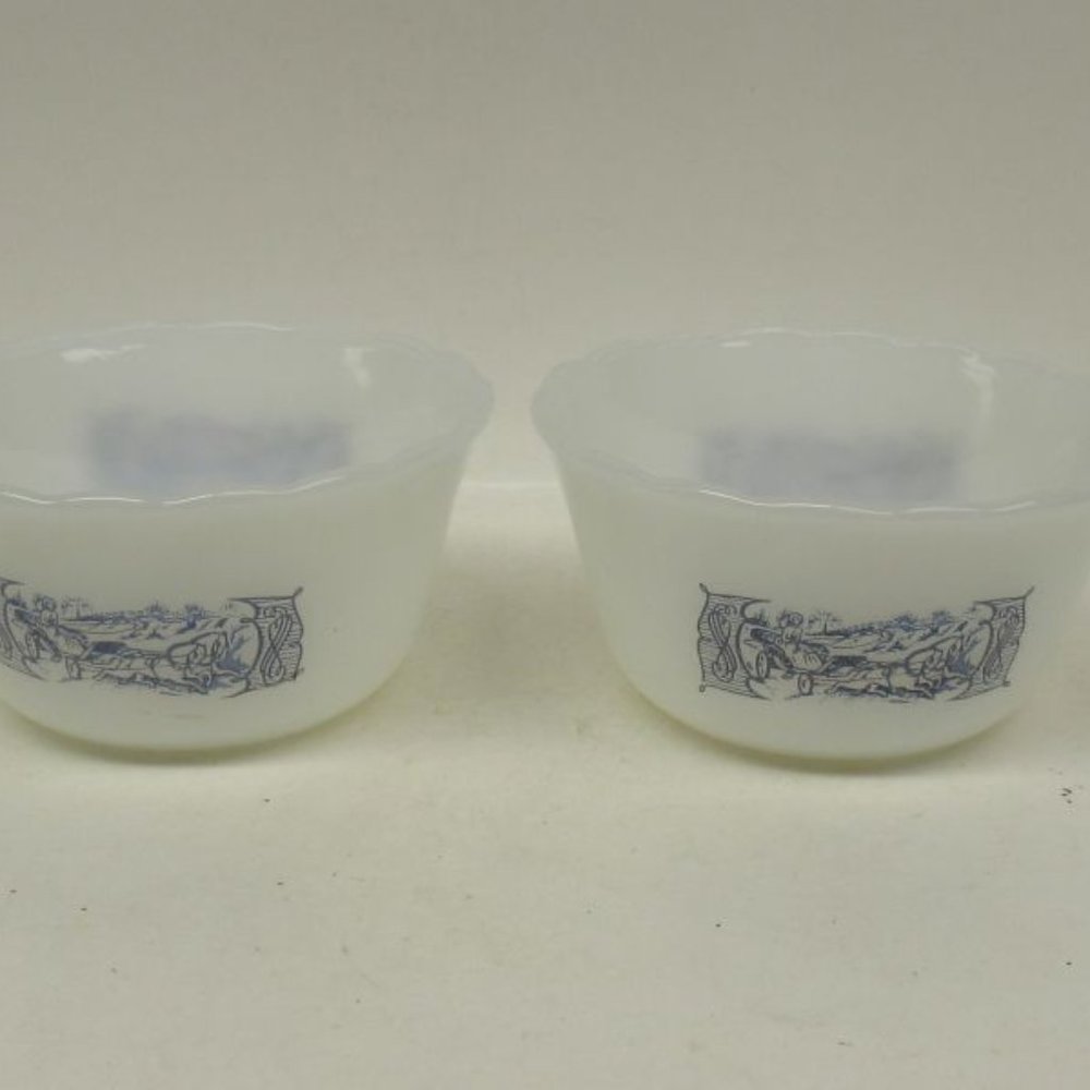 2-Glasbake CURRIER and IVES 3 3/4 Inch Custard Cups or Dessert Bowls